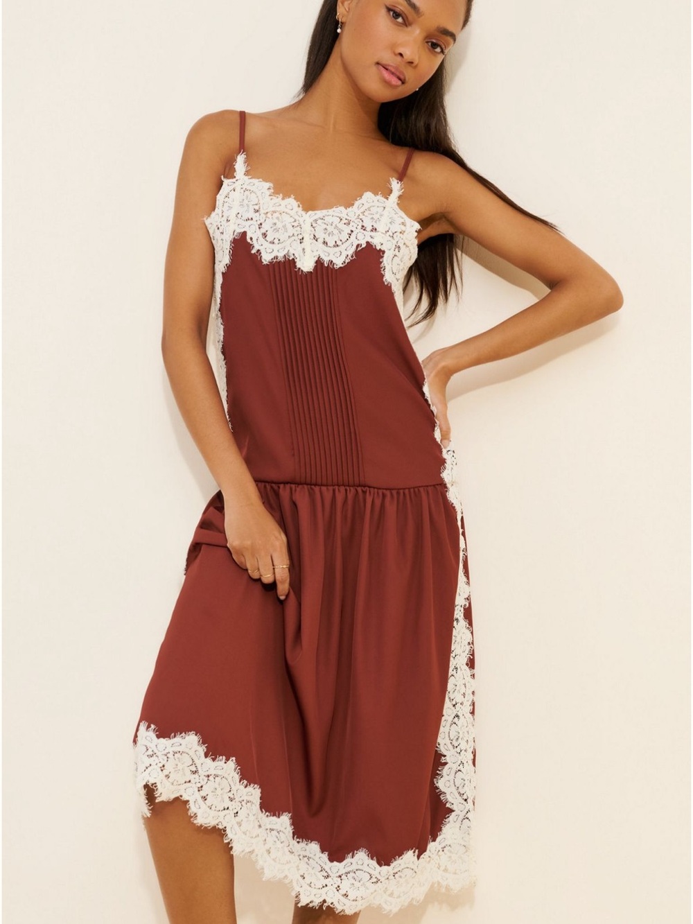 Avantlook Lace-Trim Satin Slip Dress - Rust Sz sm